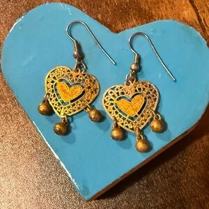 Vintage 1990 Gold Tone Filigree Heart Earrings with Bells